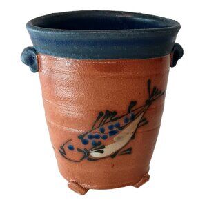Front Ave Pottery Fish Blue Orange Cup Small Catchall Vessel 5 X 5 Handmade